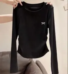 リボン刺繍 ブラック 長袖シャツ　shein