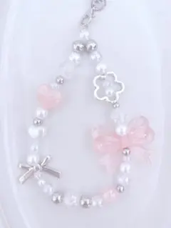 【キラキラ⋆˙⟡】ピンクオーロラリボン〰︎︎ビーズストラップ C299