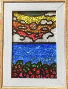 海ステンドグラスガラス絵の具グラスデコアート赤富士山沖縄イラスト犬猫風景画壁掛け