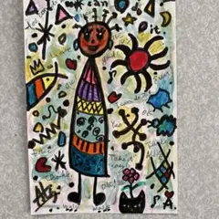 絵画 アクリル画 抽象画 自作「猫と私」アート ハガキサイズ メッセージ