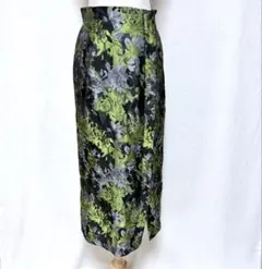 ROSE BUD ダブルジップ 花柄 ジャカードスカート シルバー×グリーン