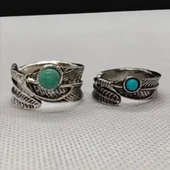 【2点セット】フェザー リング ターコイズ 指輪 シルバー ネイティブ 調整可能