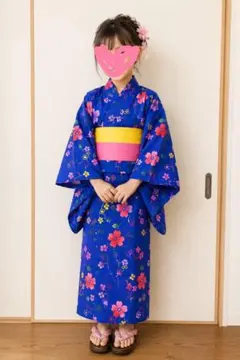 120センチ　青色 花柄 浴衣 帯付き　高級本染注染