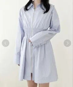 【新品タグ付き】ヘザー　ストライプZIPシャツワンピース　ブルー
