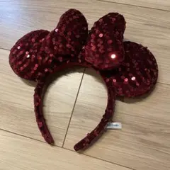 値下中 ディズニー ミニー スパンコール ベロア ワインレッド 赤 カチューシャ