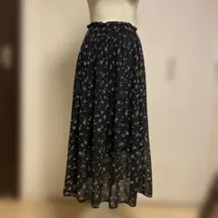 花柄 シフォン ロングスカート ブラック 小花柄 ウエストゴム 裏地付き M