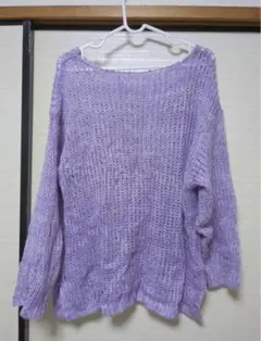 ラベンダー透かし編長袖ニットセーター