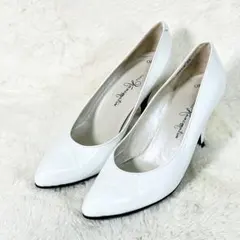 【銀座かねまつ】ホワイト ポインテッドトゥ ハイヒール パンプス 22cm