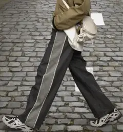 ユーズド加工サイドフリンジ切替セミワイドストレートデニムパンツ Mサイズ