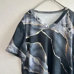 Vネック 半袖Tシャツ 【Ｓ】 ブラック グレー マーブル模様 ストレッチ素材