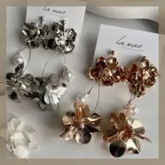 ①人気♡ ブライダル ハンドメイドピアス イヤリング メタルフラワー 大ぶり