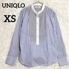 ユニクロ バンドカラーシャツ XS 白×ブルーストライプ 切替デザイン爽やか上品