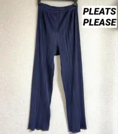 美品 プリーツプリーズ PLEATS PLEASE フレア パンツ ズボン 紺のサムネイル