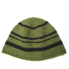 ビーニー　クラッシャーハット　クロシェハット　ニット帽　カーキ×ブラック