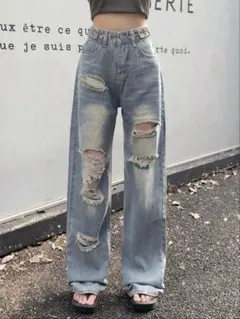 ダメージ加工　ワイドデニムパンツ　ブルー　Mのサムネイル