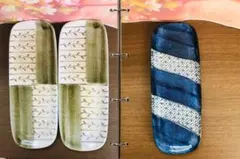 長角皿 長皿 焼物皿 3枚セット 青白 幾何学模様 刺し子柄 祥瑞柄 レトロ