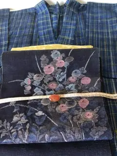 格子柄　扇柄　紬　正絹　帯　菊　3点