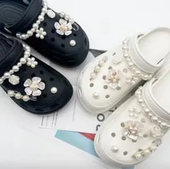 ジビッツ クロックス アクセサリー デコ 花 パール チェーン ホワイト 韓国