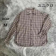 ユニクロ　UNIQLO（M）チェック柄　スリットネックシャツ　裾スリット　長袖