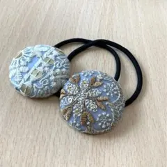 ⑤インド刺繍　ヘアゴム　handmade くるみボタンセット