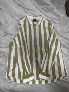 H&M オリーブグリーンストライプ長袖シャツ
