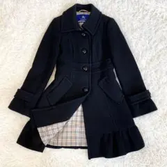 美品 バーバリー ブルーレーベル アンゴラ混ウールコート ノバチェック ブラック