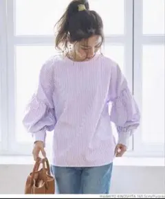 美品　coca コカ　ボリュームスリーブブラウス　ストライプ　パープル　Mサイズ