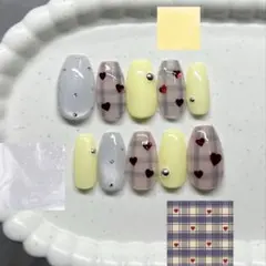 【現品No.103】ネイルチップ　チェック マグネット ハート ちゅるん
