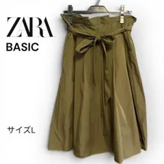 ZARA BASIC ザラベーシック ウエストリボン フレアスカート カーキ Lのサムネイル