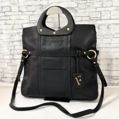 美品✨フルラ・2way レザー トートバッグ ショルダーバッグ 無地 ブラック