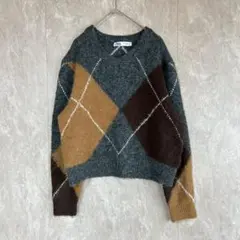 ZARA ザラ アーガイル柄 ウール混ニットセーター ショート丈 グレー