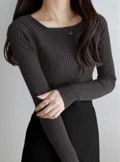 スクエアネックリブニットトップス rut072
