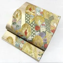 A 羽に花々模様 金糸 正絹 六通 袋帯 フォーマル O54