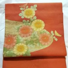 【美品】綴れ帯 八寸 名古屋帯 松葉仕立て ヴィンテージ オレンジ ピンク