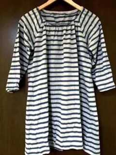 【匿名配送】美品 青×グレー ストライプ チュニック 七分袖 ワンピース部屋着