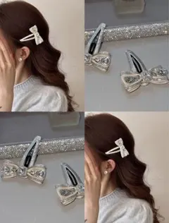【新品未使用】ヘアクリップ ジルコニア 煌めき 高級感 リボン型2個セット