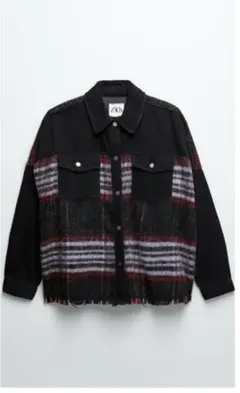 ZARA ブラック チェック デニム ジャケット フリンジ