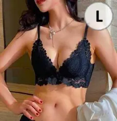 L／ブラック　フロントホック バック紐 ブラジャーショーツセット