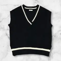 美品ニットベスト Fサイズ Vネック チルデン風 ブラック 韓国風 カジュアル