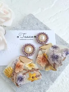 No.a114♡ビーズ刺繍x刺繍リボンタッセルピアス イヤリング ハンドメイドのサムネイル