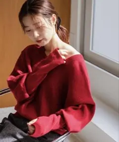 Kastane メランジロングリブニット　レッド