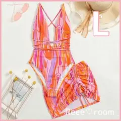 ブラジリアンビキニ Lサイズ ミニスカートパレオ マーブルオレンジ セクシー水着