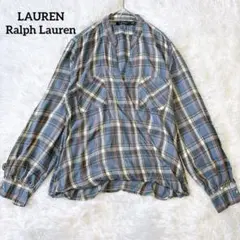 ローレンラルフローレン カシュクールブラウス XL 青系 レーヨン チェック柄のサムネイル