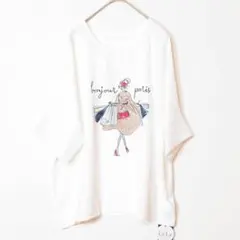 L〜LL 大きいサイズ 袖メッシュ切替 ガールプリント レディース/ホワイト