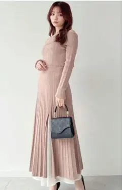 RESEXXY オフショルプリーツ切替ニットワンピース ピンク