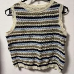 ニットベスト　縞模様　ブルー　Lサイズ