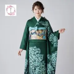 振袖フルセット　絞り　翠山工房　落款有　深緑/水色の辻が花が際立つデザイン　正絹のサムネイル