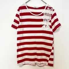 ZARA ザラ ボーダー柄半袖Tシャツ 花柄刺繍 赤×白 ベストコレクション M