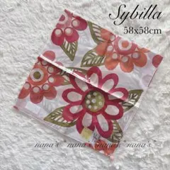 【新品】Sybilla シビラ 大判ハンカチ 花柄 ピンク オレンジ ポンポン付