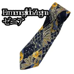 【美品 】 ゼニア シルクネクタイ 総柄 フラワー×幾何学 ネイビー イタリア製